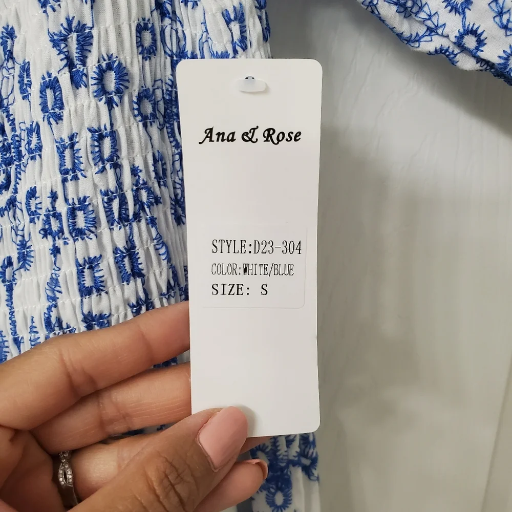 Ana & Rose Blue & White Embroidered Lace Smock Midi Dress - Women Small - Picture 7 of 7